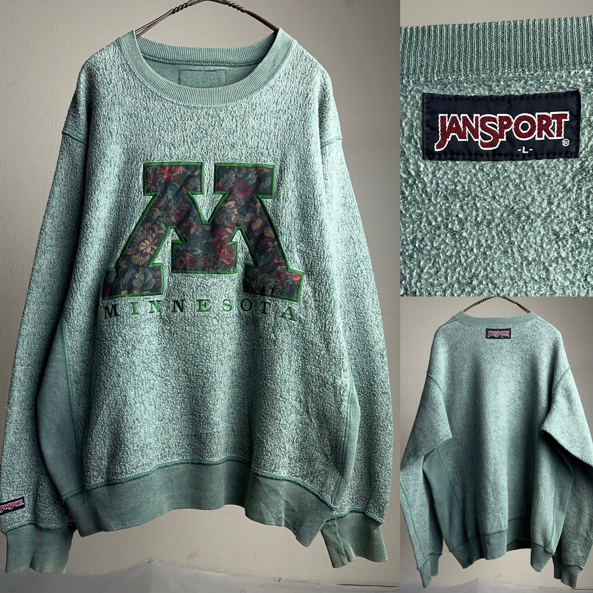 JANSPORT REVERSE Sweatshirt MINNESOTA SIZE L ジャンスポーツ デザインスウェット 起毛 ミネソタ大学  グリーン カレッジ【1000A877】