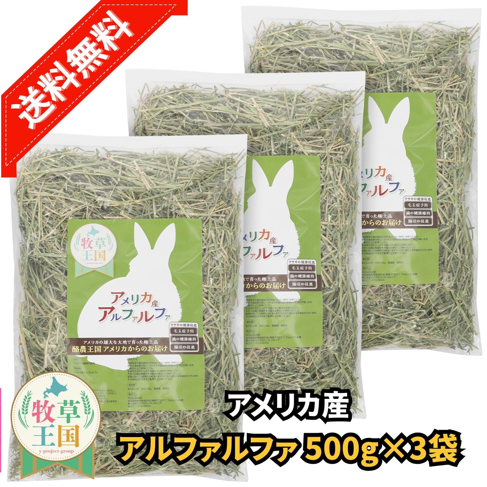 牧草王国 特選 アルファルファ 500g×3袋 | うさぎの牧草チモシーもふ