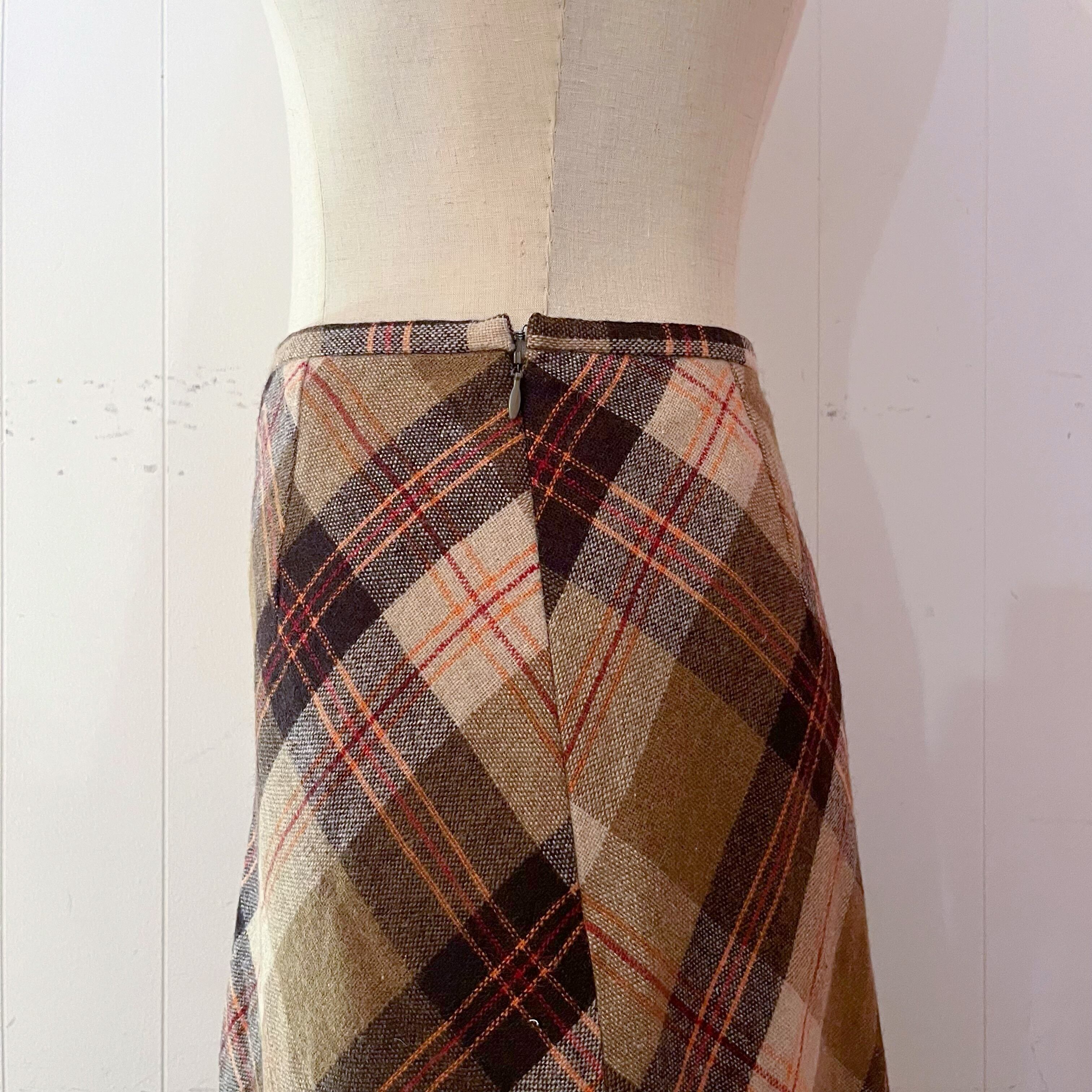orange check wool long skirt