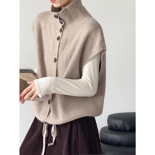 high neck drawstring knit vest