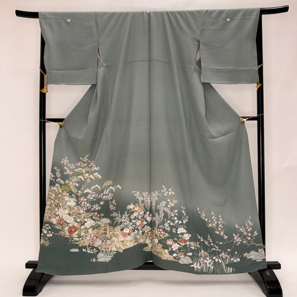 色留袖 結婚式 紋付 幅広 大きい リサイクル着物 正絹 裄68.2cm L size リメイク 中古 礼装 リユース 6412
