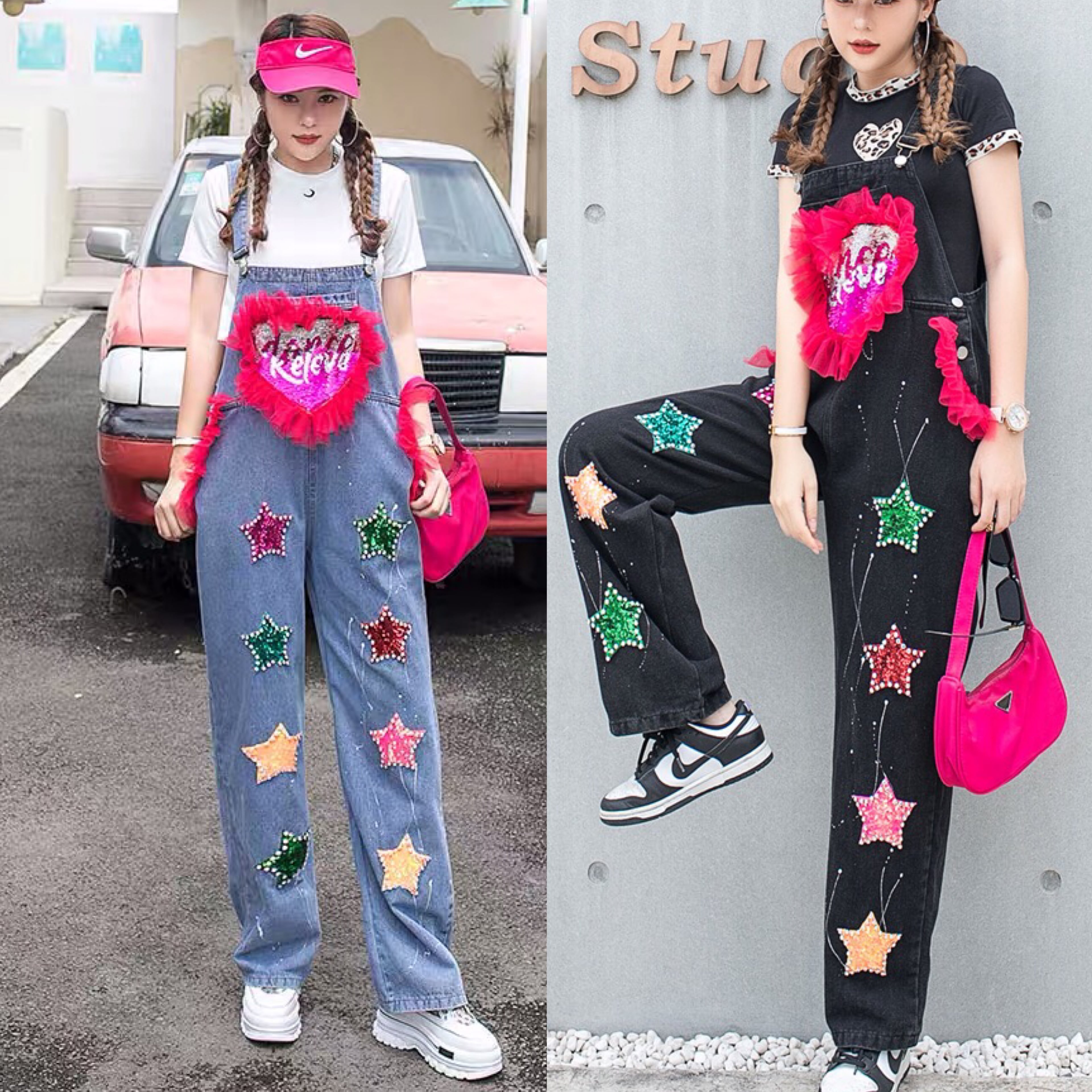 デニムパンツ ☆ 星 スター ピンク 黄色 オーバーオール ワンピース デニムパンツ ☆ 星 スター ピンク 黄色 オーバーオール ワンピース