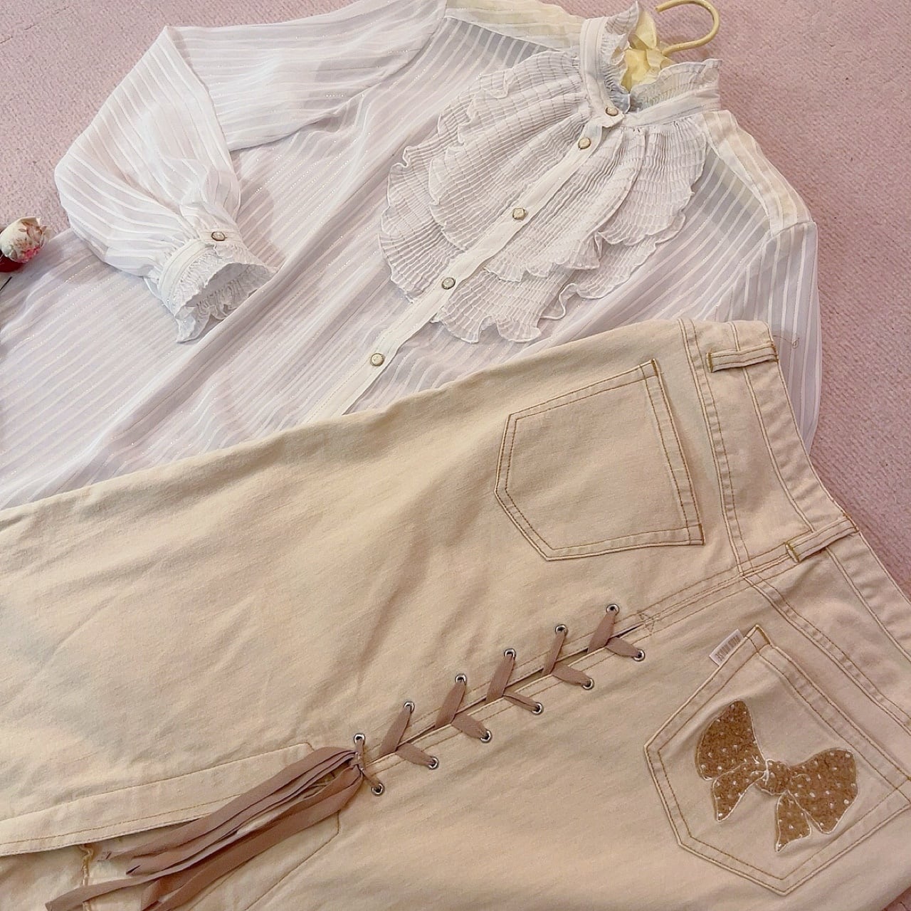 lame stripe sheer frill blouse