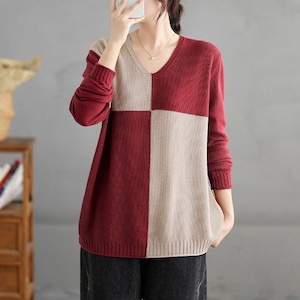 CONTRAST DESIGN V-NECK PULLOVER KNIT 3colors M-14612