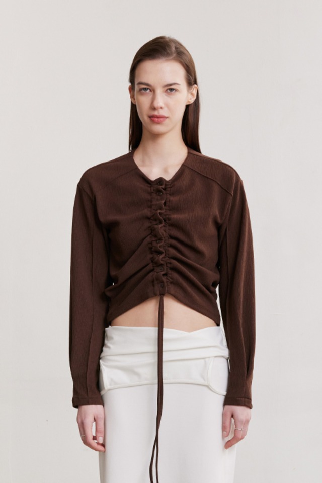 [AFTERHOURS] SHIRRING BUTTON CARDIGAN (BROWN)