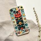 受注生産 iPhoneケース 赤い猫と花のサイケ民芸柄｜猫モチーフ PSYF003D