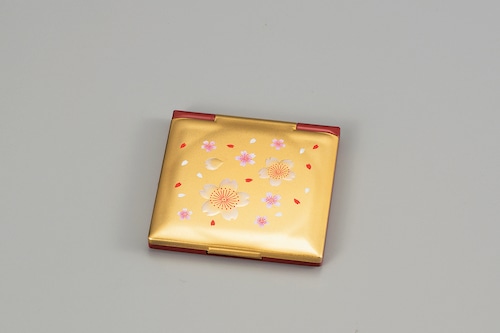 36-0306　 角コンパクトミラー 黄金塗 福桜 Portable Mirror w Magnifying Glass Golden Floral Motif