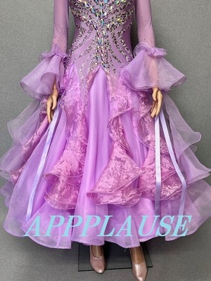 【新着】社交ダンス ドレス　スタンダード　モダンドレス　ラベンダー（オフショルダー）　M　ST-24-15　デモ・競技用ドレス　発表会衣装　パーティドレス　ワンピース　舞台衣装