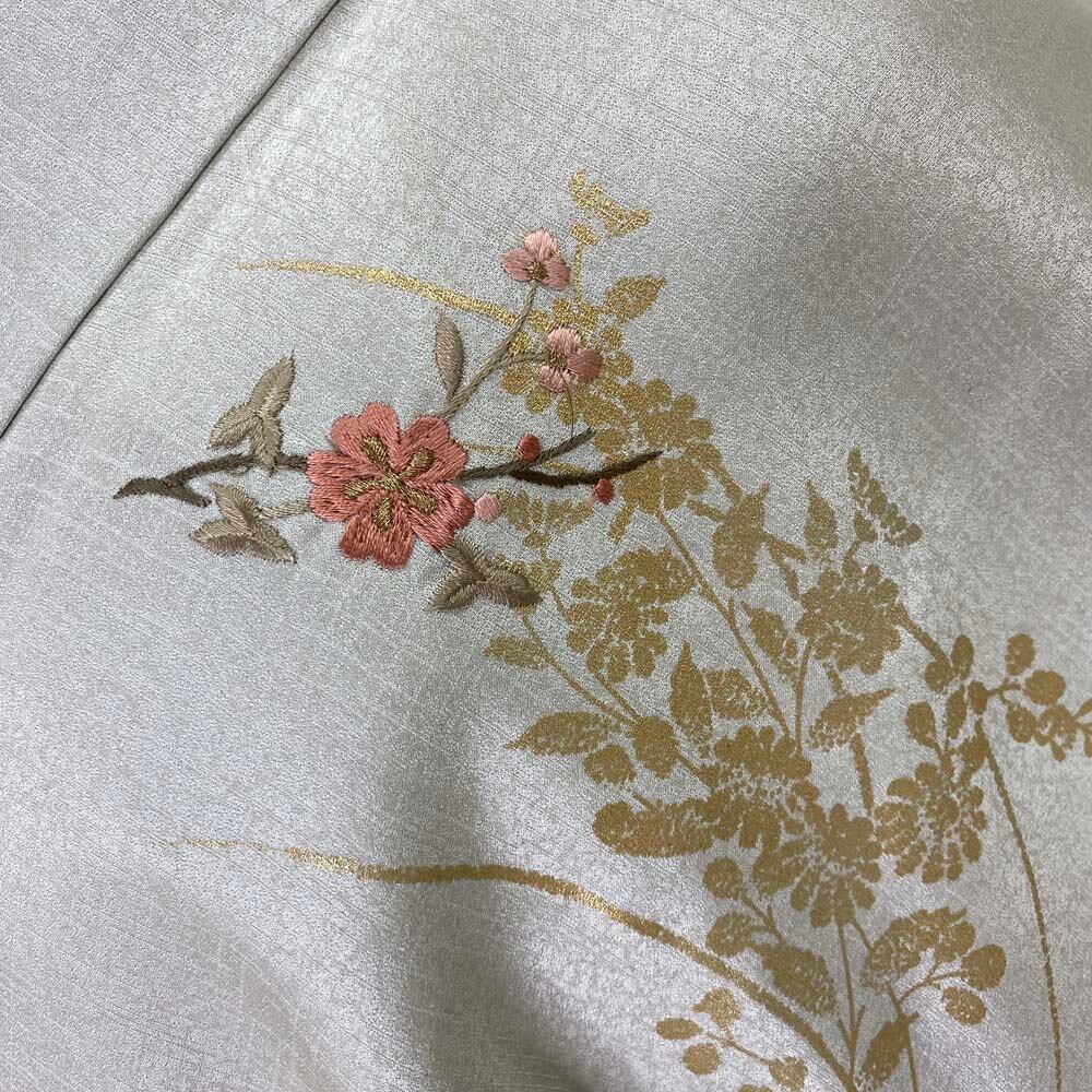 付け下げ 訪問着 中古 白色 グレー 裄丈68cm 身丈163cm 結婚式 入学式  
