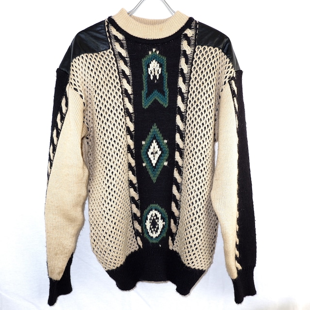 [S] Leather Shoulder Embroidered Knit | レザー ニット