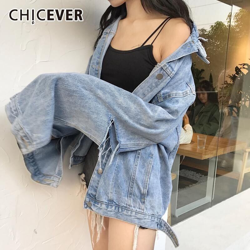 CHICEVERヴィンテージホールデニムジャケット女性ルーズコート長袖秋の個性特大ジャケット服 ロング オータム 秋物 ビンテージ 6base553144656400