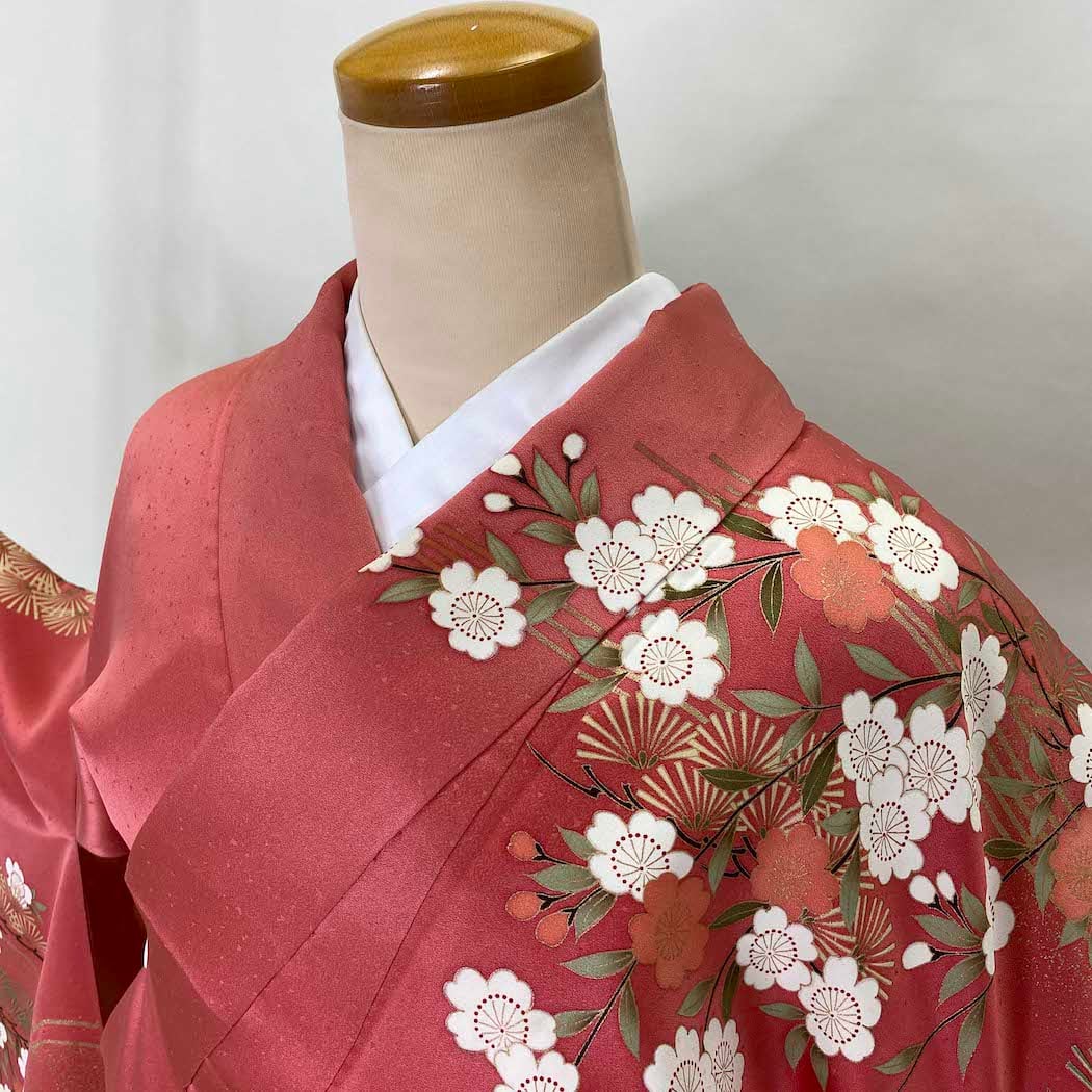 中古 振袖 正絹 美品 花柄 M サイズ ピンク 黒 成人式 古典 裄丈66.5cm 