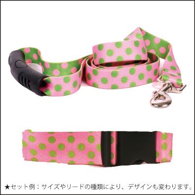 2 インチ Pink & Green Polka Dot　首輪＋リードセット Mサイズ - Yellow Dog Design