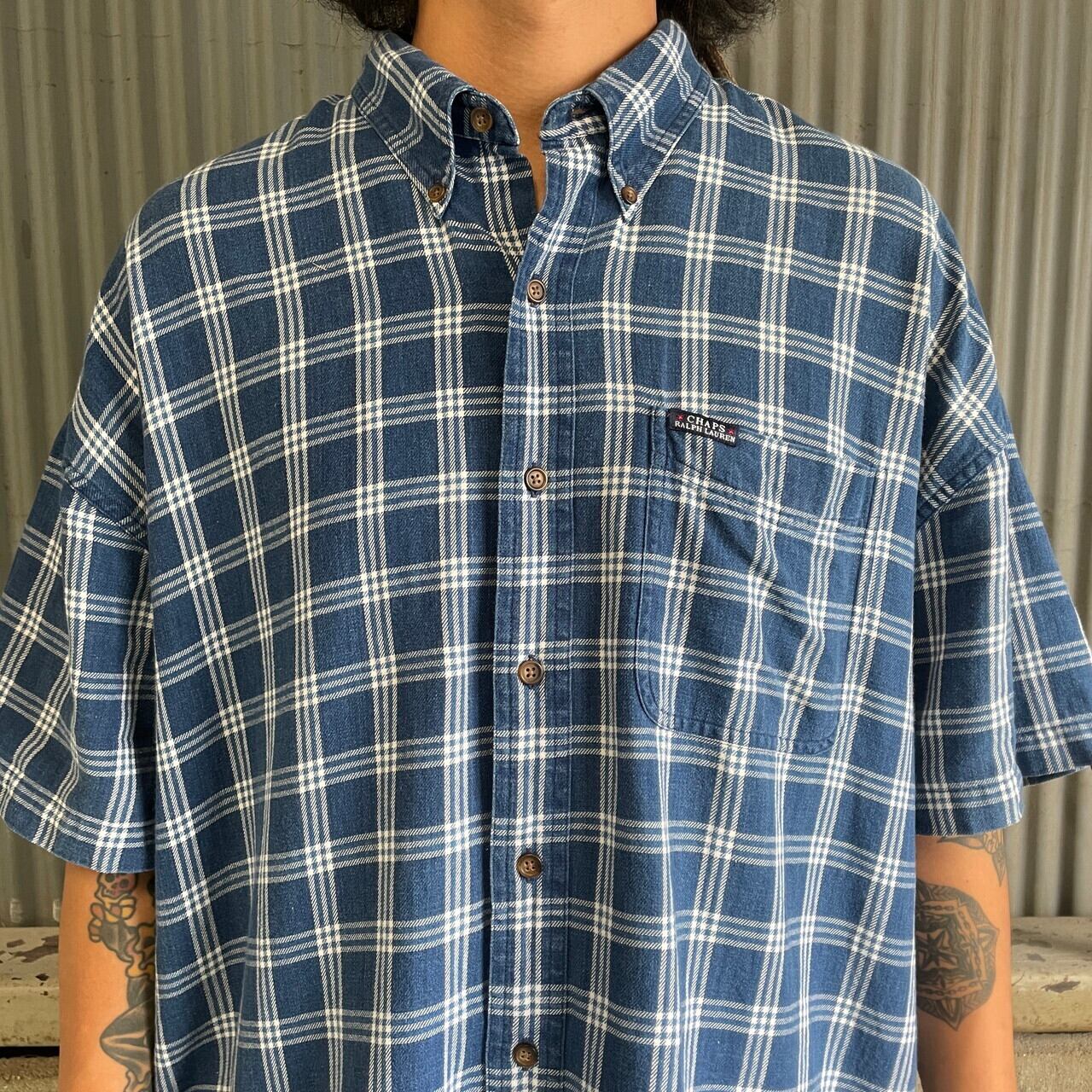 【大人気☆】チャップス ワンポイント 半袖BDシャツ チェック ネイビー XL