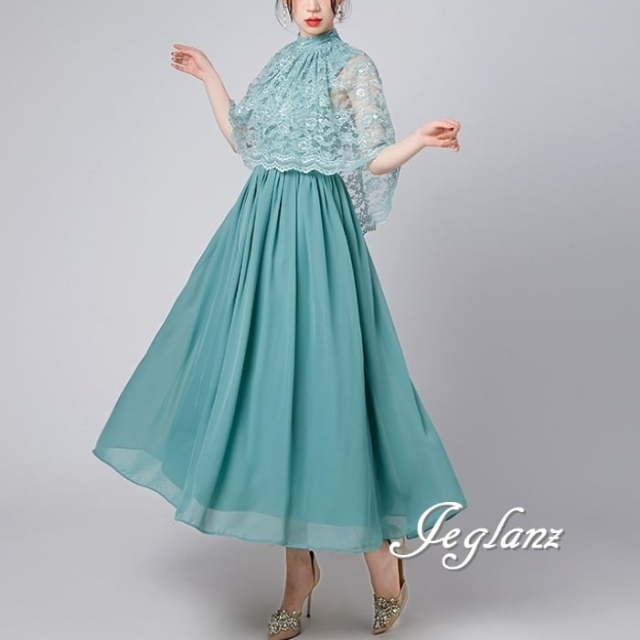 7色 パーティ ワンピース ケープカラー 刺繍 レース 5分袖 上品(MB222)ζ