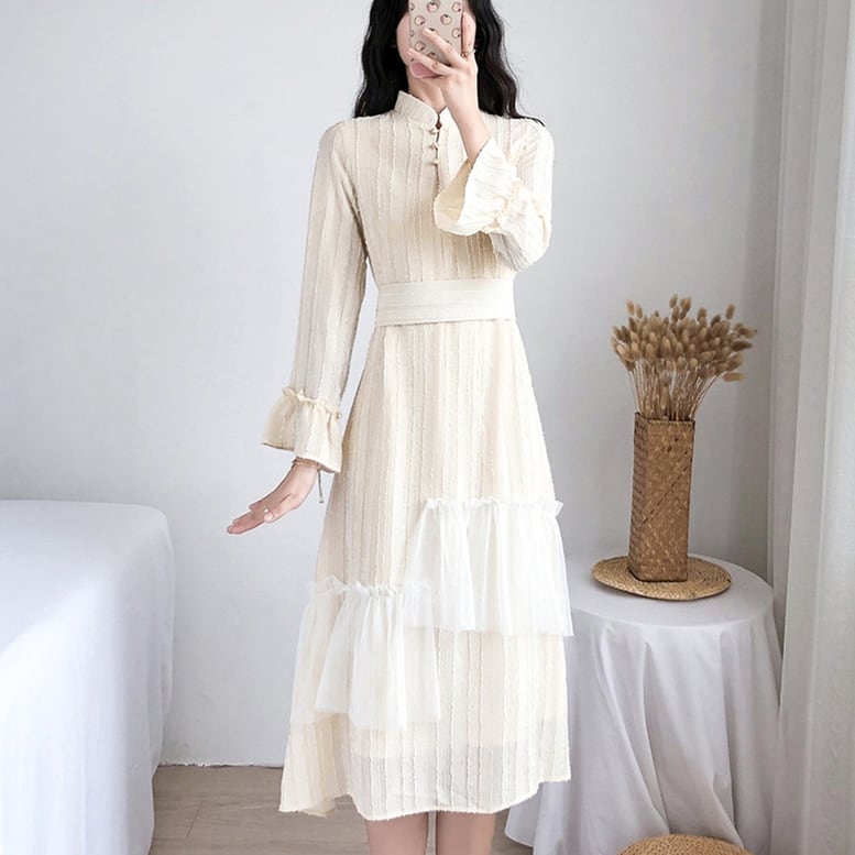 TED BAKER レース 襟 ハイネック シフォン ワンピース 長袖 フレア