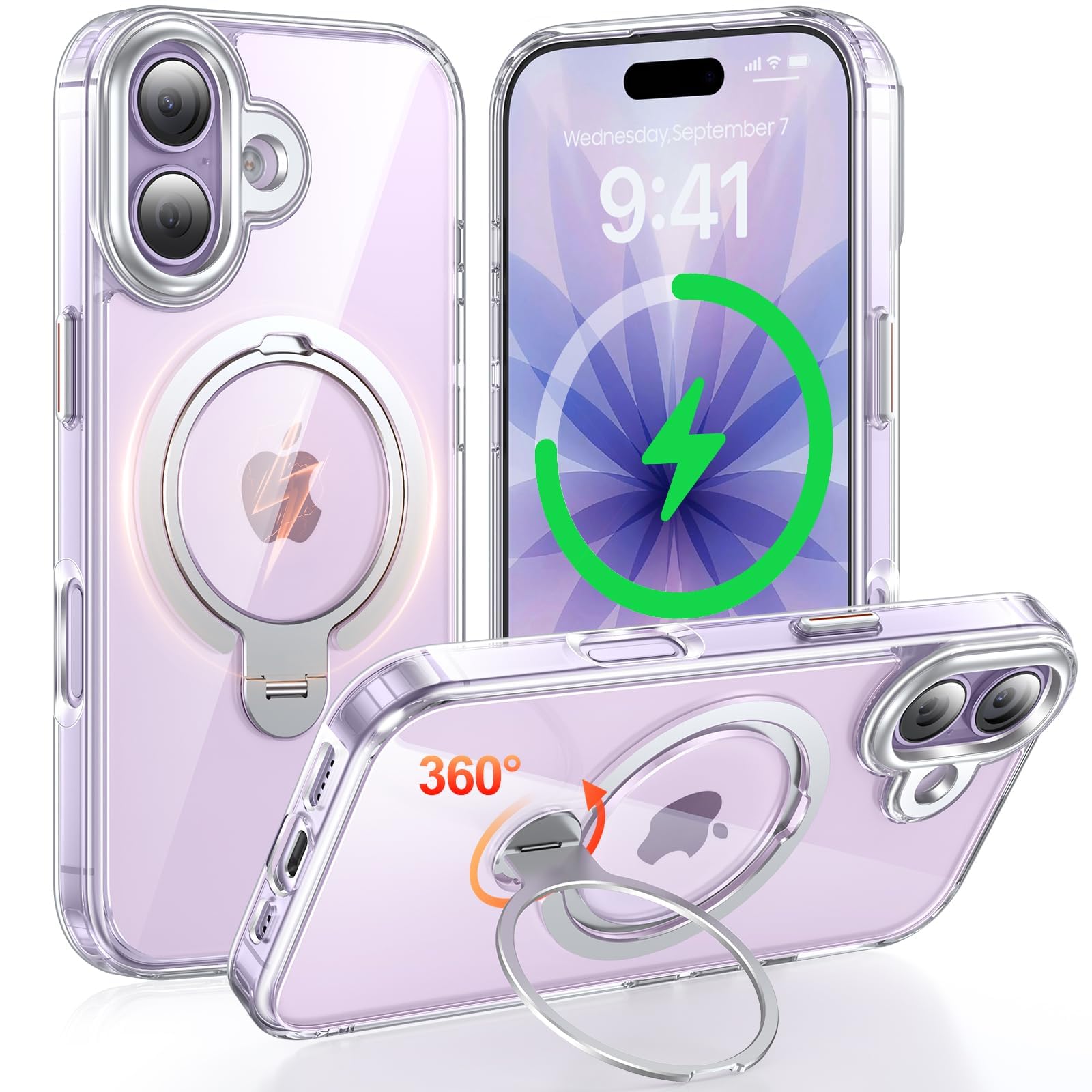 Fadkzyxr iPhone 17 用 ケース MagSafe対応 リング360°回転スタンド 縦横両対応 透明 耐衝撃【クリア】
