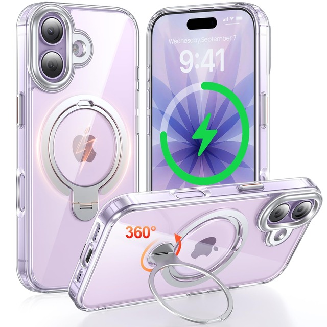 Fadkzyxr iPhone 17 用 ケース MagSafe対応 リング360°回転スタンド 縦横両対応 透明 耐衝撃【クリア】