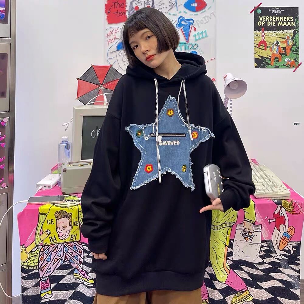 デニムブルー フード付きパーカー 星モチーフ デニムブルー フード付きパーカー 星モチーフ - メルカリ