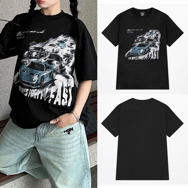 ユニセックス Tシャツ 半袖 オーバーサイズ カーレース プリント ルーズ カジュアル 韓国ファッション メンズ レディース ストリート系ファッション TBN-729897879786