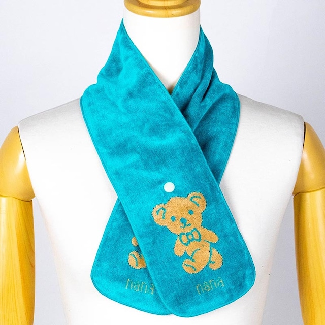 マフラー　横浜ナナ　湘南ナナ　 NANA　ボタン付きナロータオルマフラー　ベア柄　ターコイズブルーベージュ　nn-tmf1-L