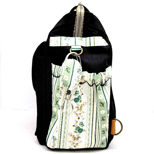 リラックスデニム右ファスナー３wayリボンリュック貴重品ポケット付き グリーンフラワー 背中美人リュックglamania