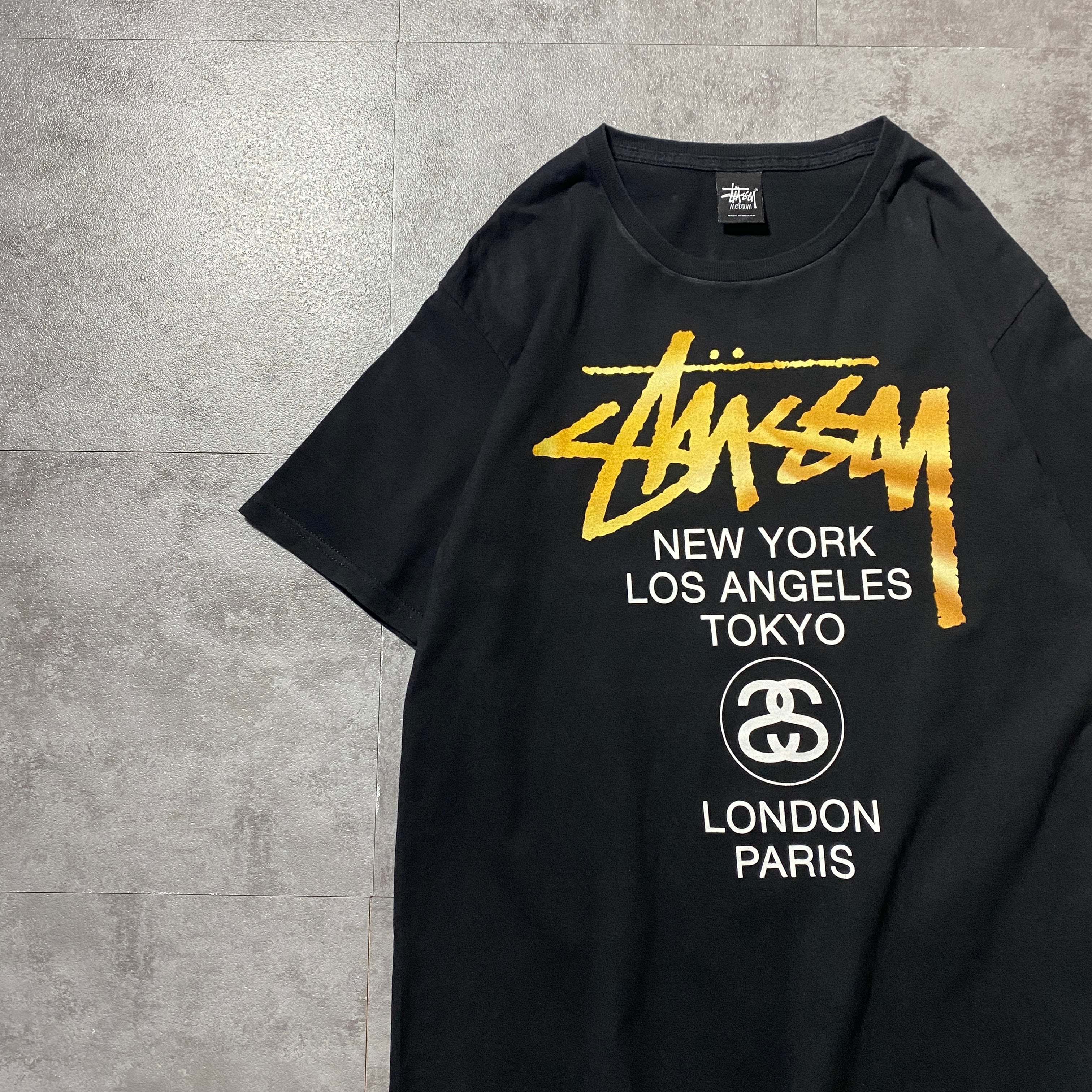 STUSSY＊Tシャツ・半袖・サイズＬ＊両面プリントロゴ入り・ブラック・ゴールド STUSSY Tシャツ・半袖・サイズL 両面プリントロゴ入り ブラック