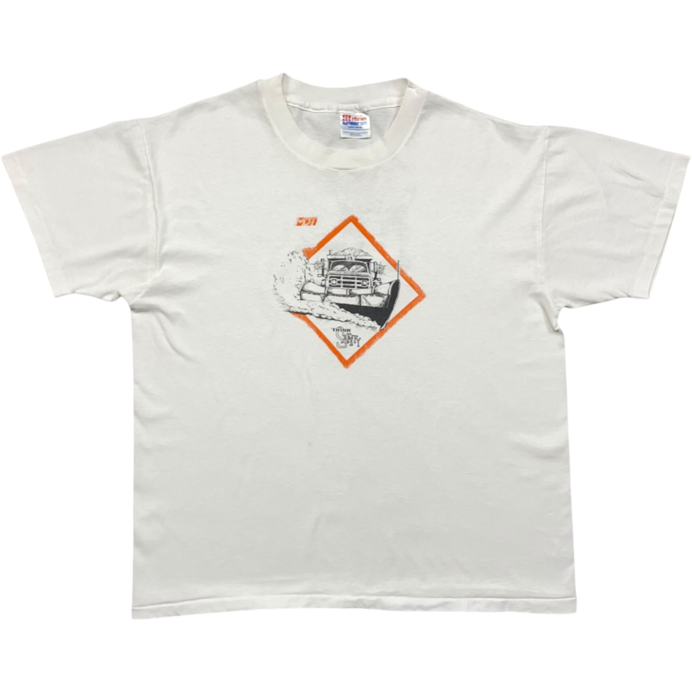 《L》 Hanes ヘインズ Tシャツ 除雪車 両面プリント ホワイト USA製 90年代 vintage no.8230