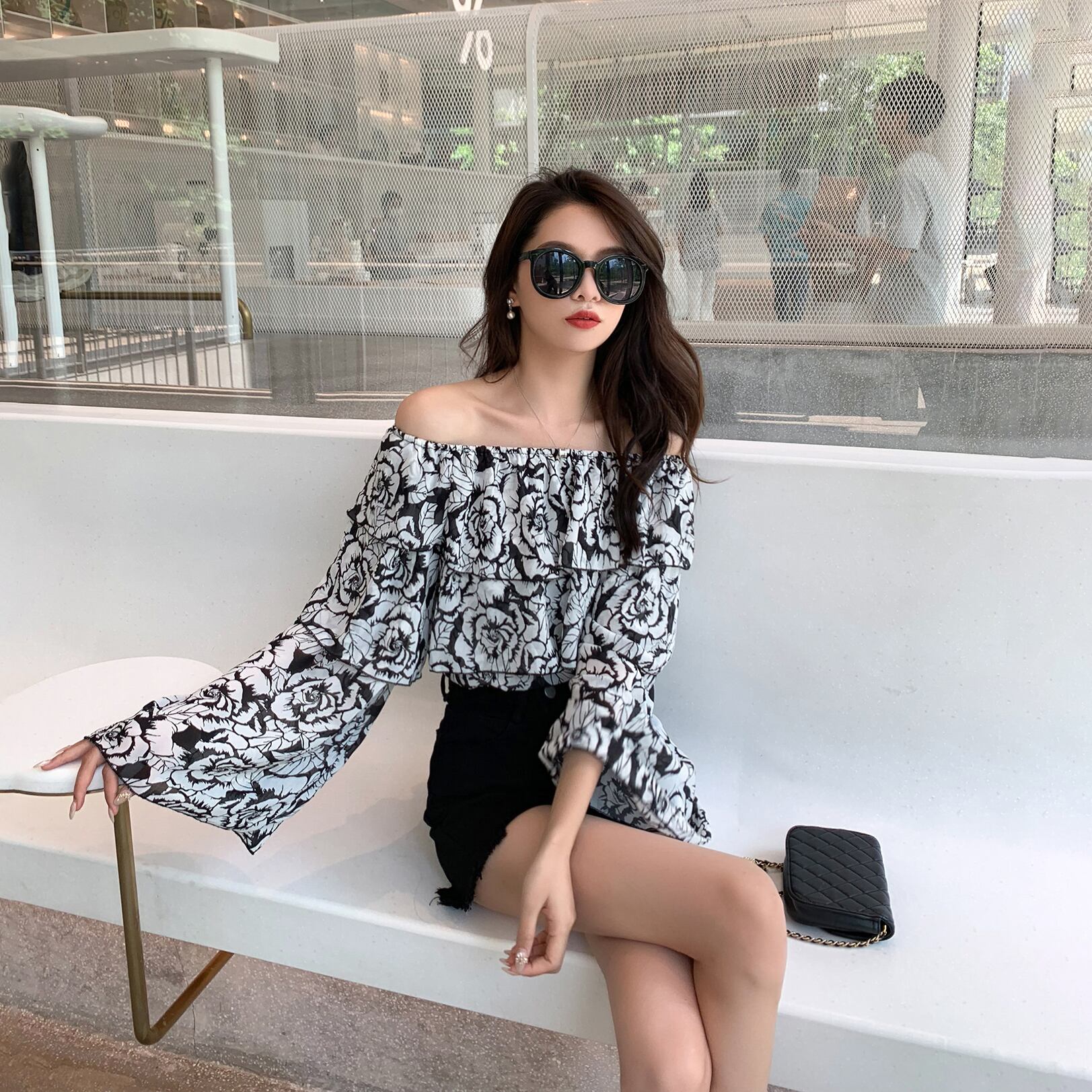 サマースタイルスタンダードシフォンシャツ ブラックプリントトップス ロング レトロ 夏物 6Du_Shop_Women99552482389