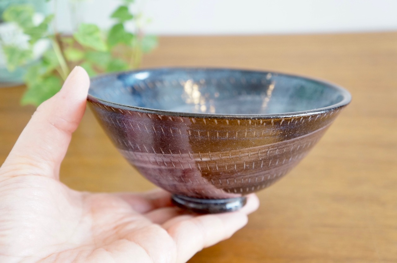 小石原焼　マルワ窯　飯碗（中）　渦巻　藍彩　①　［3-342］