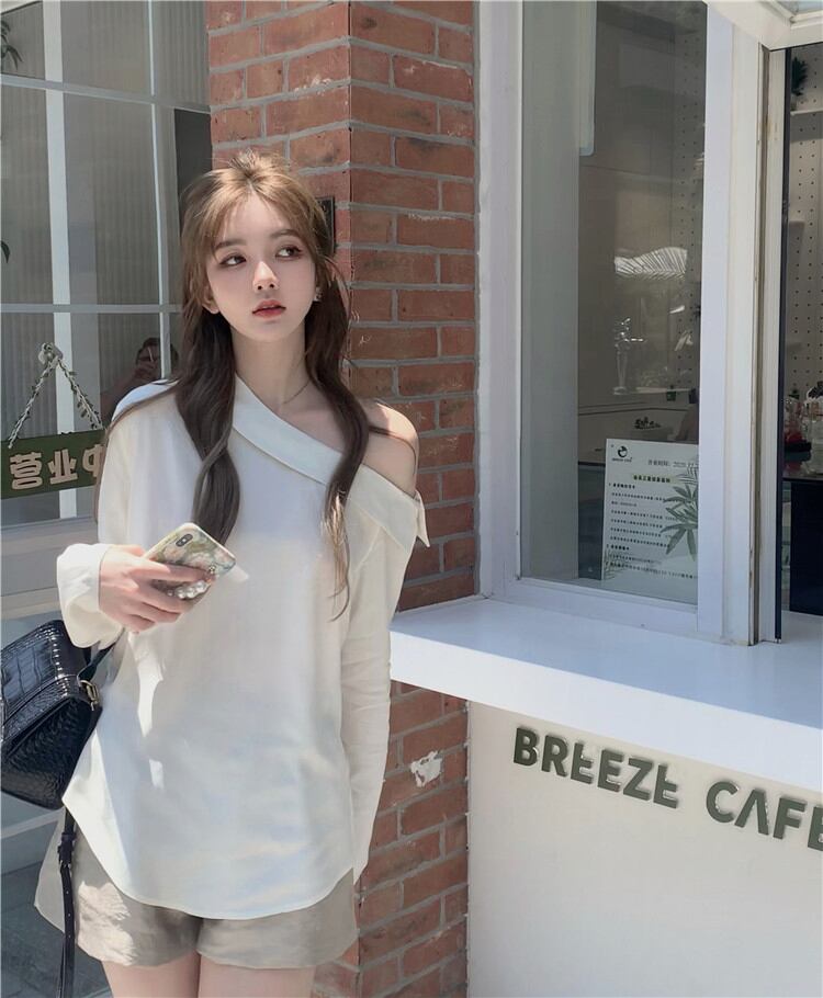 ルーズシャツ サマー薄手トップス ロング 夏物 オフショルダー ブラックストロベリース8214497746