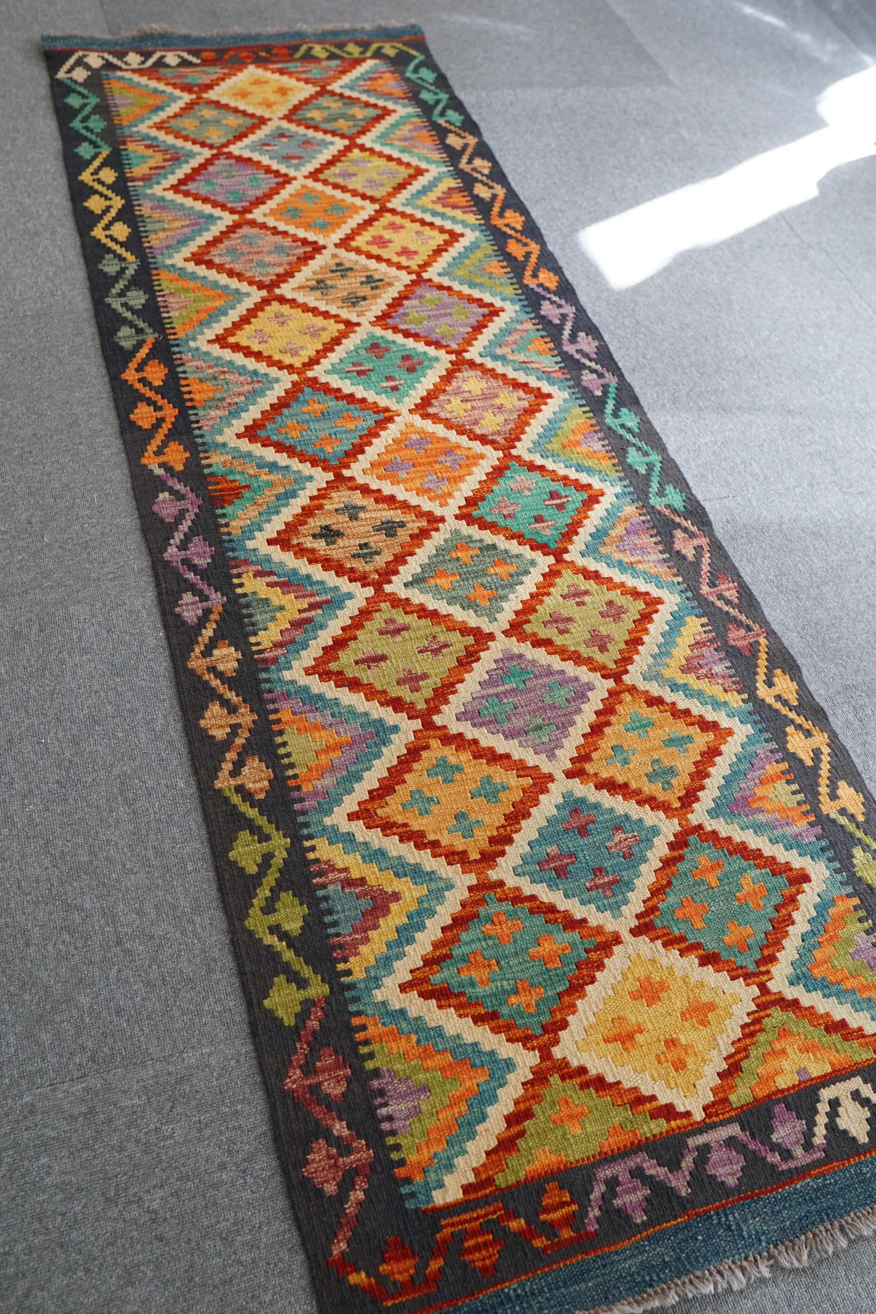 225×60アフガニスタン手織りキリムランナートライバルラグ ヴィンテージ