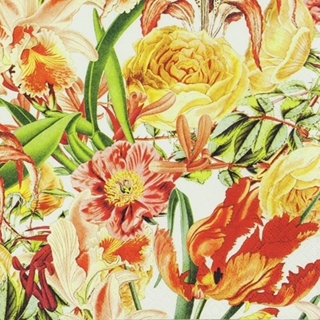 2021春夏【Home Fashion】バラ売り2枚 ランチサイズ ペーパーナプキン Vibrant Flowers オレンジxイエロー