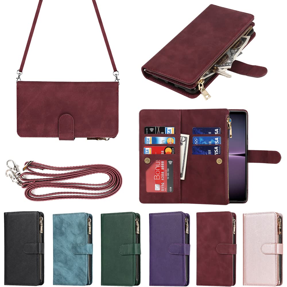 Eastwave for Xperia 1 IV ケース for Sony Xperia 1IV SO-51C / SOG06 縄掛けケース 手帳型 財布型 ICカード コインポケット ストラップ付き カード 収納 小銭入れ ファスナーポケット付き PUレザー 6色 レッド