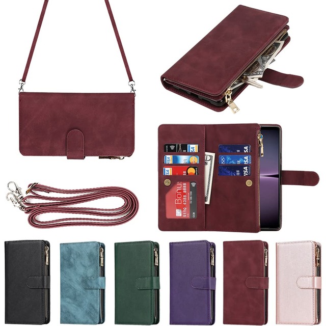 Eastwave for Xperia 1 IV ケース for Sony Xperia 1IV SO-51C / SOG06 縄掛けケース 手帳型 財布型 ICカード コインポケット ストラップ付き カード 収納 小銭入れ ファスナーポケット付き PUレザー 6色 レッド