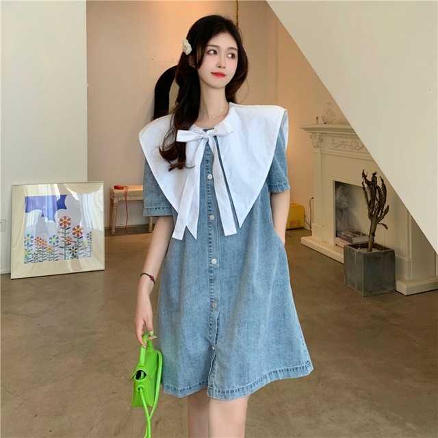 大きなドーリー襟がかわいいデニムミニワンピース 韓国 プチプラ韓国ファッション通販 Mocchida モッチダー
