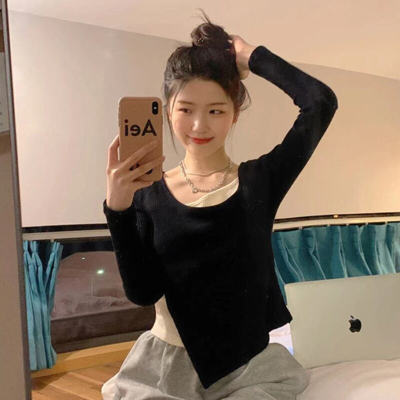 スタイルブラックTシャツ スプリングオータムショートトップス ロング 大人ガーリー スウィート キュート カジュアル 春物 秋物 試着室86903253748