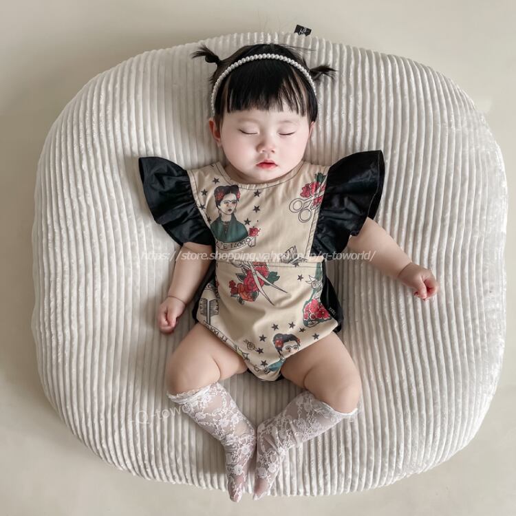 60 90 ロンパース フリル レトロ オシャレ 韓国版 可愛い 半袖 女の子 ベビー キュート 韓国子供服 子供服 Q Toworld キュートワールド 子供服
