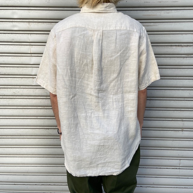 LANDS'END ボタンダウン半袖リネンシャツ　M ベージュ系