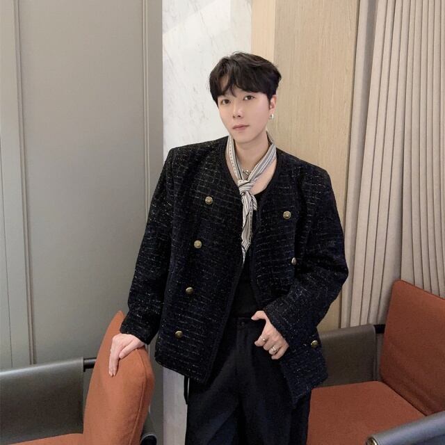 【予約販売】ジャケット ツイード メンズ ブラック ショート丈 シック ゆったり こなれ感 お洒落 韓国 トレンド 結婚式 M/L/XL