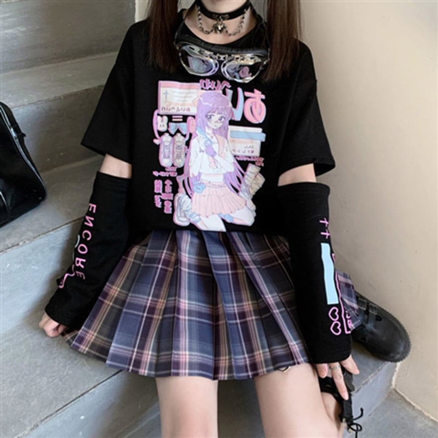 サブカル 服 地雷系 通販 甘辛MIX Tシャツ 継袖 アニメ イラスト柄