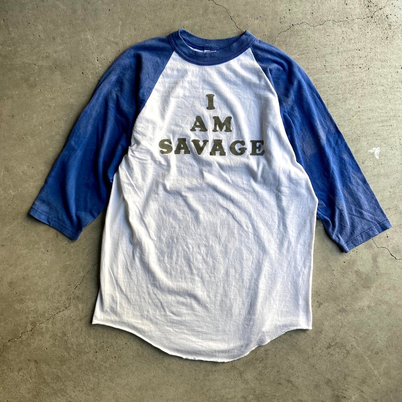 90年代 USA製 I AM SAVAGE 七分袖 フロッキープリント ラグランTシャツ 