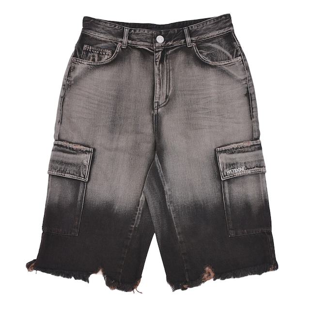 【WE11DONE】BLACK MENS CARGO WASHED DENIM SHORTS