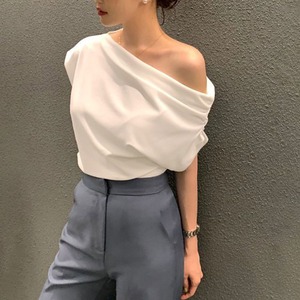 オフショルダー Tシャツ レディース 夏 韓国 ワンショルダー アシンメトリー 半袖 カットソー ギャザー ドレープ 細見え 肌見せ デコルテ 大人 カジュアル きれいめ ガーリー お出かけ [LS-CGT159]