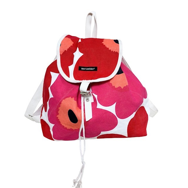 古着 マリメッコ marimekko リュックサック ナップザック クリーニング済み ウニッコ柄 赤×白