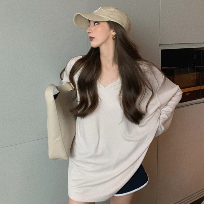 サマーVネックルーズスリムTシャツ トップス ロング 夏物 ハンチェンe37385812370