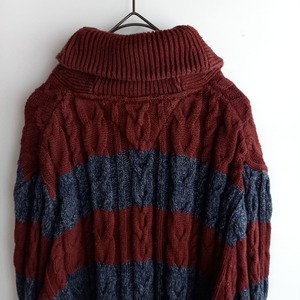 トミーヒルフィガー　ショールカラー　ケーブル編み　コットンセーター　ボーダー　M