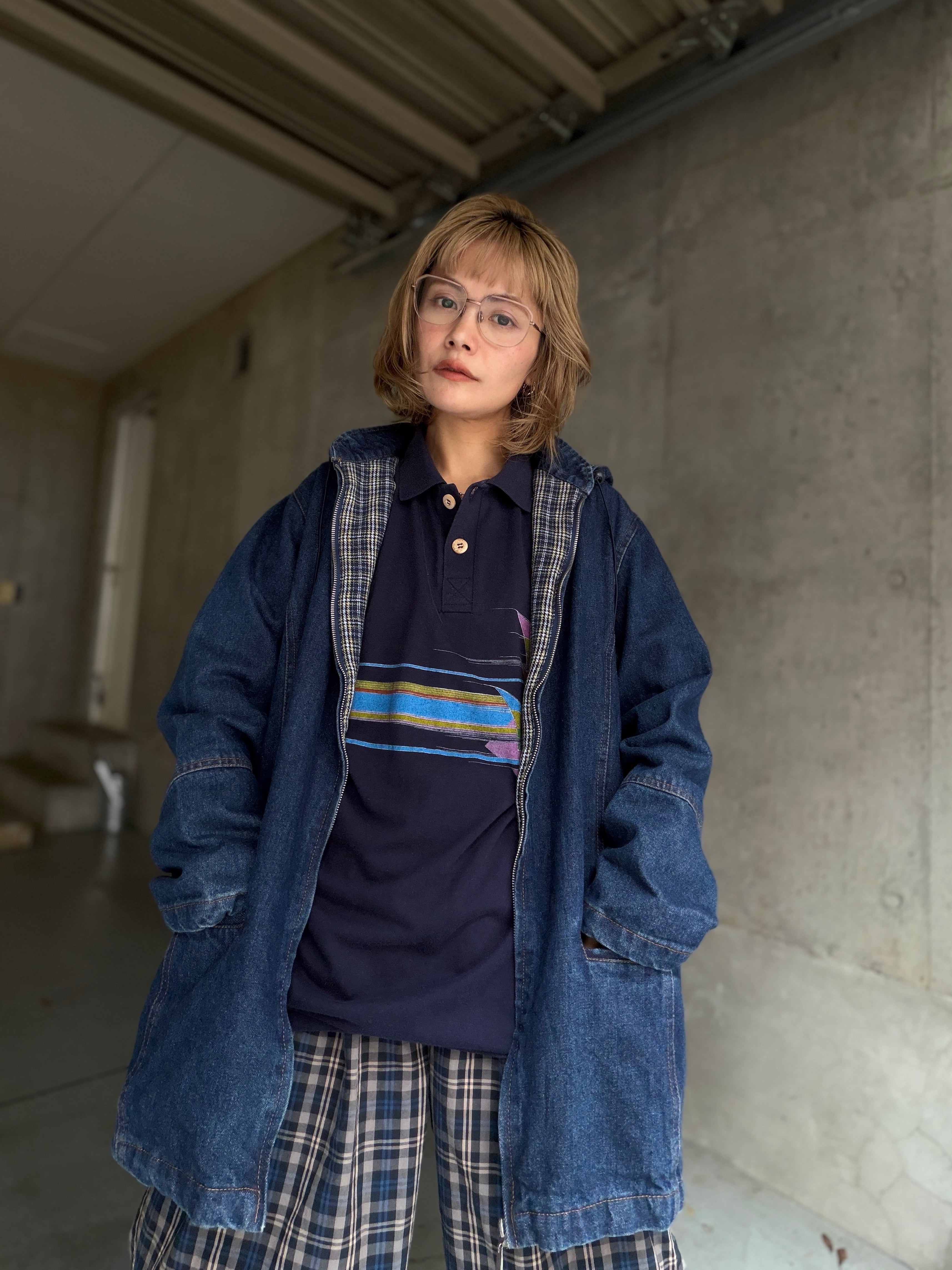 (OT1580) plaid lined denim zip hoodie jacket
