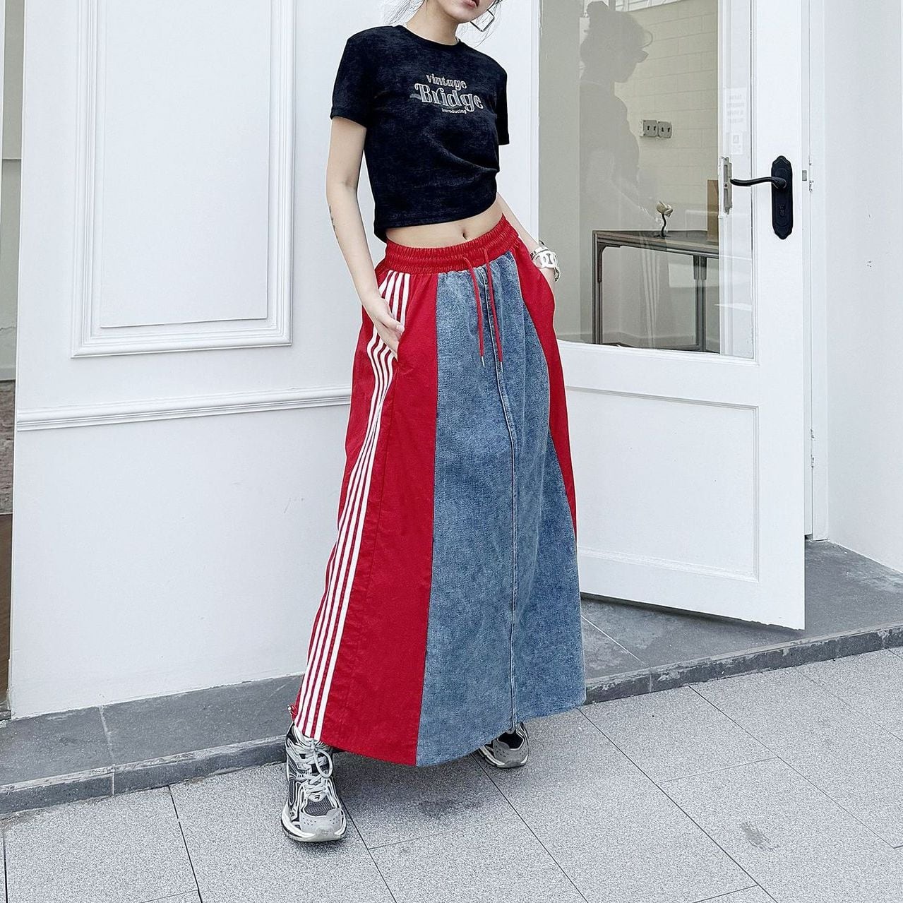 スカート maya DENIM STITCH SIDE LINED A-LINE LONG CASUAL SKIRT 3colors M-9358
