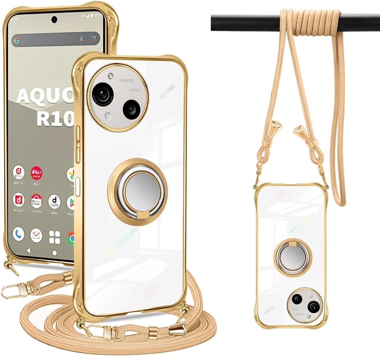 PAILAIMEN AQUOS R10 ケース クリア ネック リング付き ショルダー A501SH SH-M31 SH-51F 耐衝撃 対応 AQUOS R9 スマホケース 透明 TPU aquos r10 ケース 肩掛け 斜めかけ 縄掛けケース 薄型 軽量 紐付き ネックストラップ ショルダー 肩掛け 縦/横 2WAY 長さ調整可能 取り外し可能 落下防止(ゴールド)